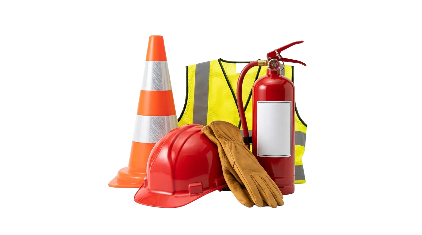 Bezpečnostní vybavení — ochranná helma, pracovní rukavice, hasicí přístroj, dopravní kužel a reflexní vesta
